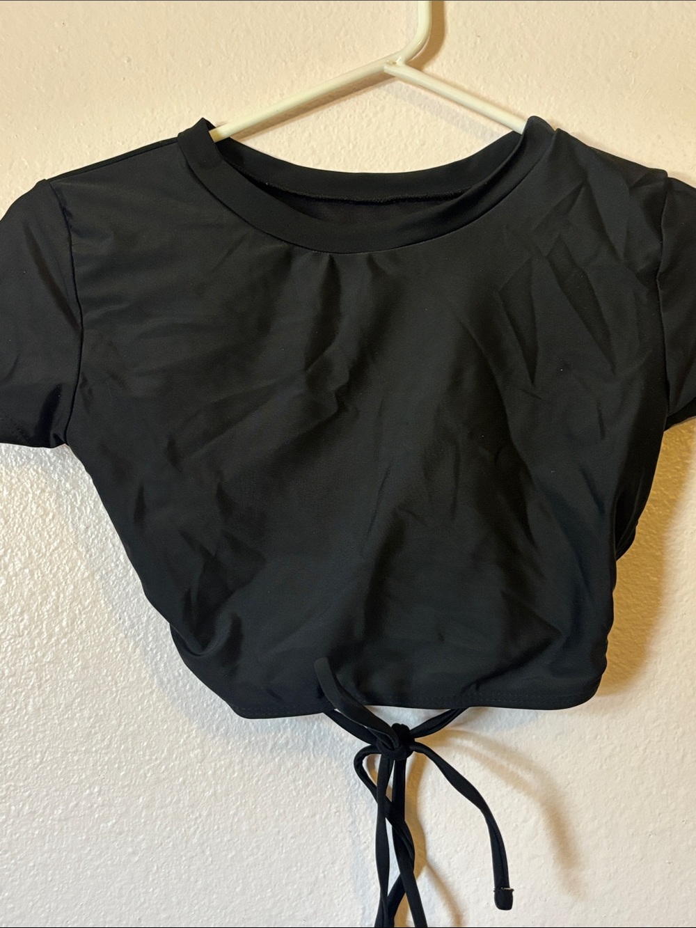 Women’s Black Drawstring Crop Top, Short Sleeves and Open Back